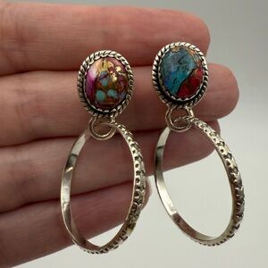 Spiny Oyster Sterling Silver Turquoise Stud Hoop Earrings